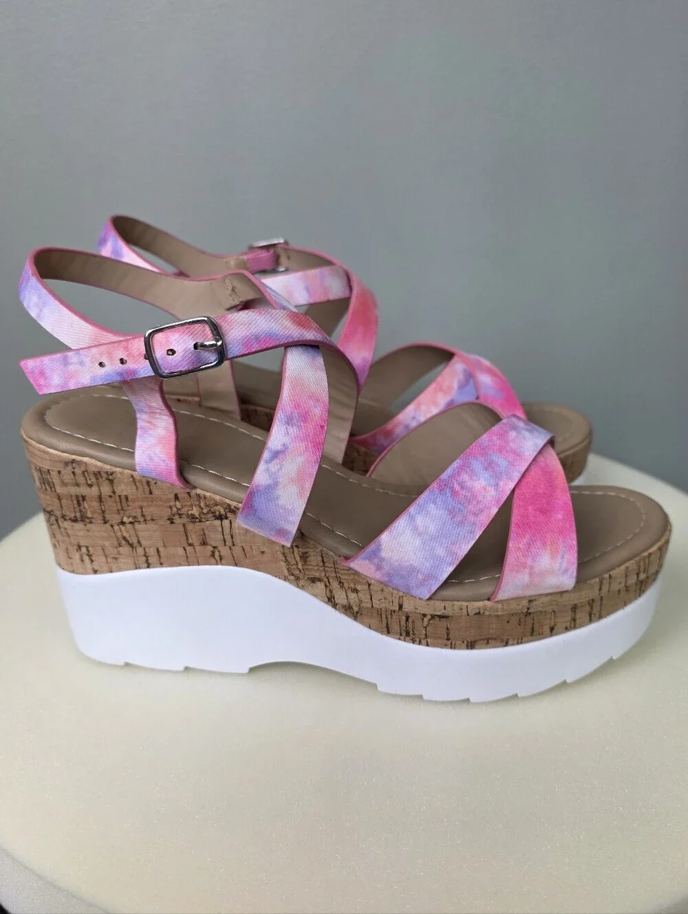 YOKI Jackie Pink Purple Tie Dye Strappy Platform Cork Wedge Sandals NEW Size 7.5